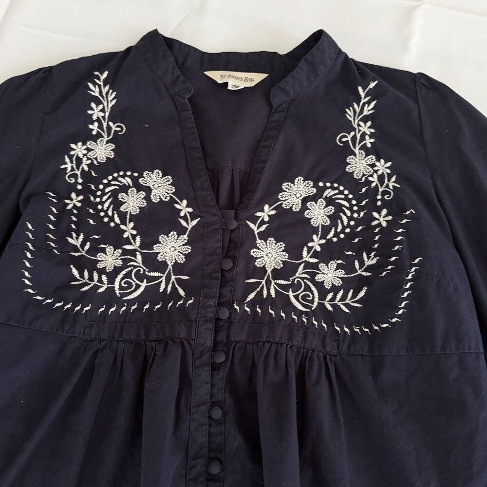 St John's Bay Women's Top L Dk Blue Boho Embroidered Cotton Button Down Peasant - Picture 3 of 9